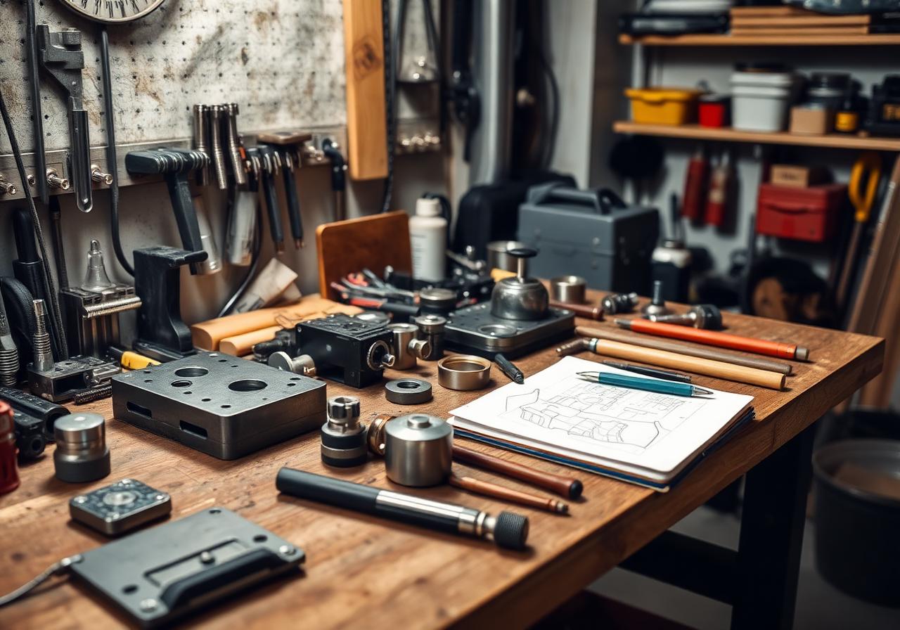 Werkbank mit Bauteilen und Skizzenheft aus den Gründungsjahren