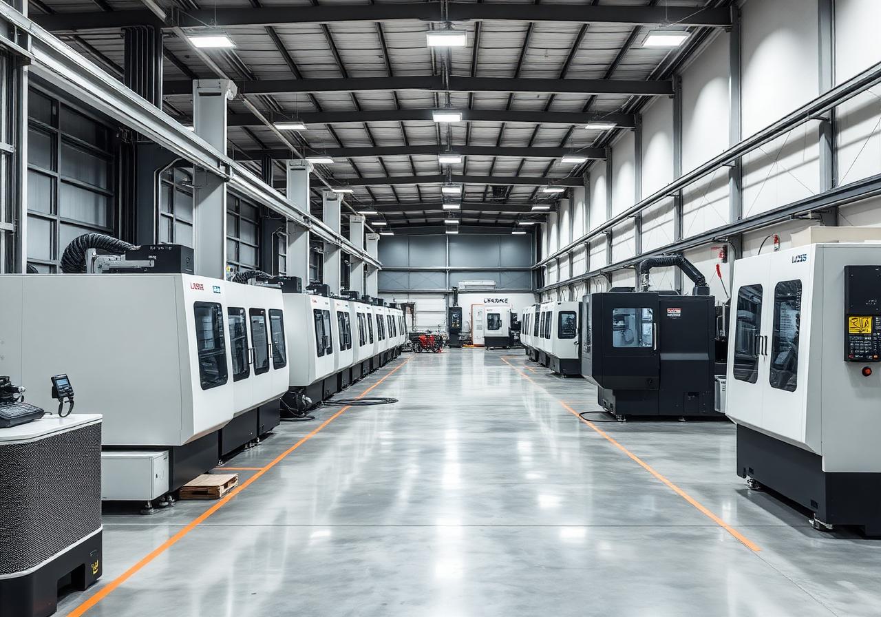Produktionshalle mit mehreren CNC-Fräsmaschinen